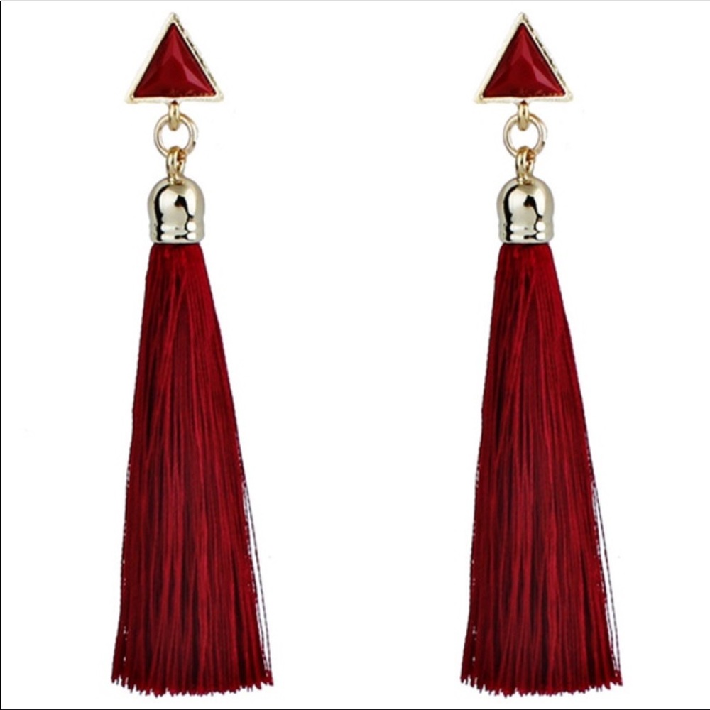 Triangular Wine Red & Gold Tassel Earrings